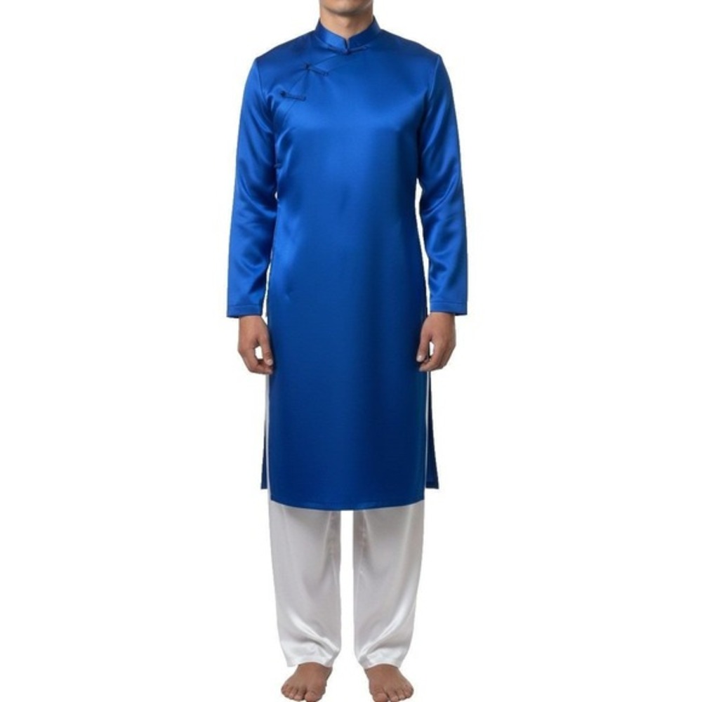 Vietnamese Traditional Ao Dai Men M/L Blue Long Robe Wedding Tet Lunar New Year